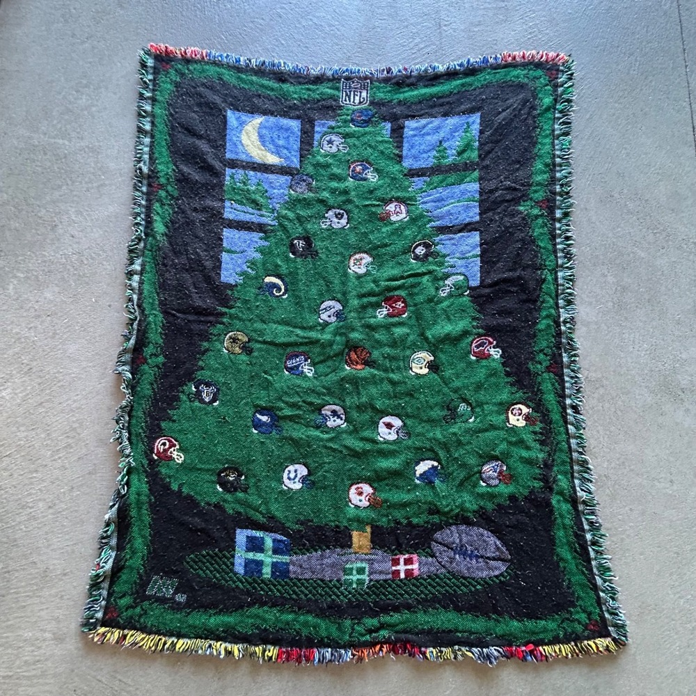 Vintage 90s NFL Christmas Tree Helmet Knit Throw Blanket Woven Tapestry 44x 54.5